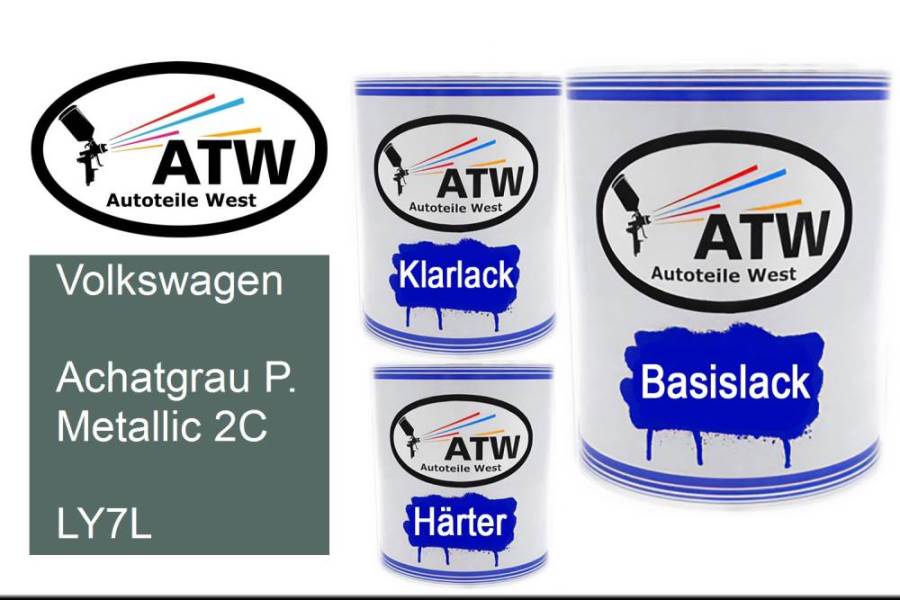 Volkswagen, Achatgrau P. Metallic 2C, LY7L: 1L Lackdose + 1L Klarlack + 500ml Härter - Set, von ATW Autoteile West.